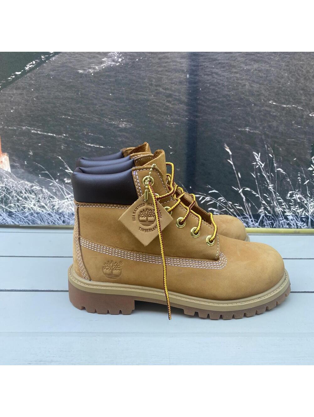 Timberland Kids 6" Premium Boots Size 2 Wheat Nubuck Leather Lace Up Shoes 12709